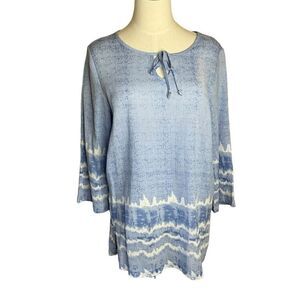 Cathy Daniels Womens Medium Serenity Popover Tunic Top Blue Border Print Gauzy